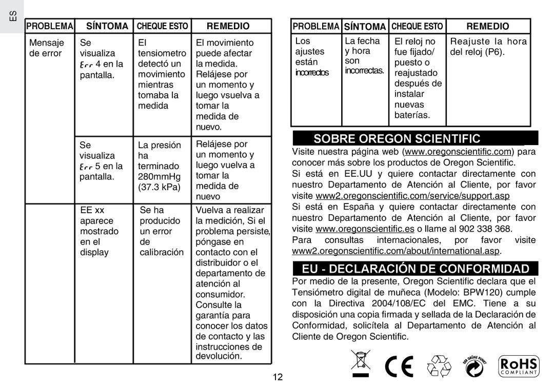 Oregon Scientific BPW120 user manual Sobre Oregon Scientific EU Declaración DE Conformidad 