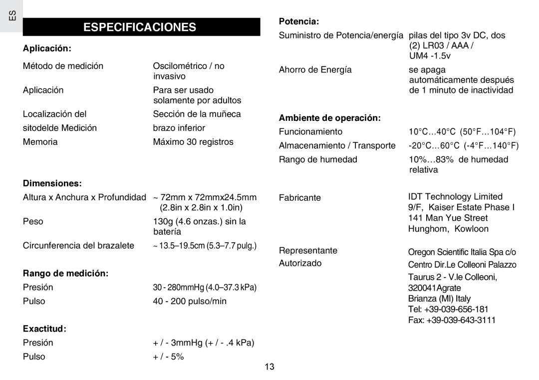 Oregon Scientific BPW120 user manual Especificaciones 