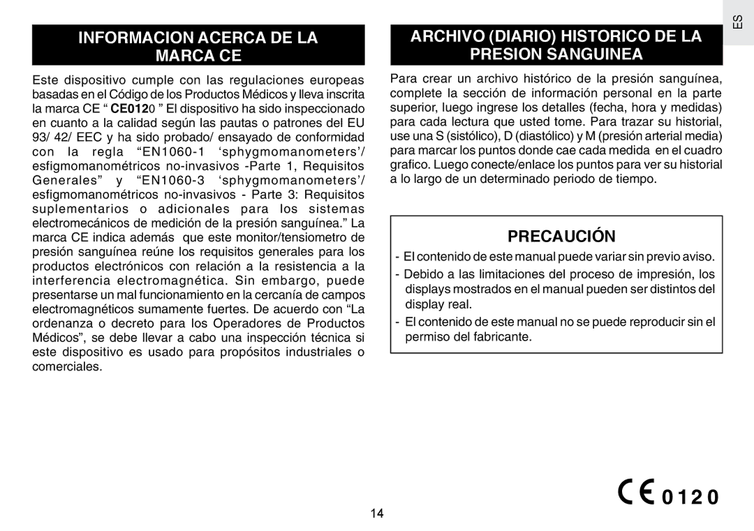 Oregon Scientific BPW120 user manual Informacion Acerca DE LA Marca CE, Archivo Diario Historico DE LA, Presion Sanguinea 