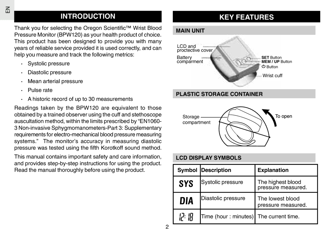 Oregon Scientific BPW120 user manual Introduction, KEY Features, Main Unit, Plastic Storage Container, LCD Display Symbols 