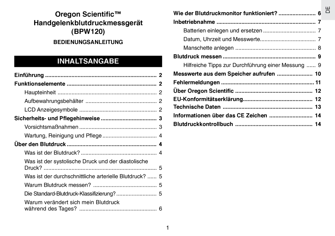 Oregon Scientific BPW120 Inhaltsangabe, Bedienungsanleitung, Haupteinheit Aufbewahrungsbehälter LCD Anzeigesymbole 