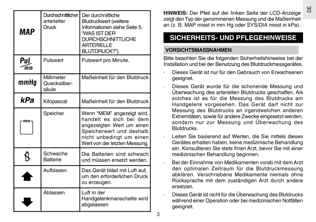 Oregon Scientific BPW120 user manual SICHERHEITS- UND Pflegehinweise, Der durchnittliche, Vorsichtsmassnahmen 