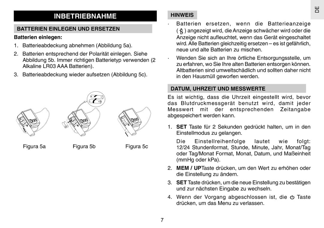 Oregon Scientific BPW120 user manual Inbetriebnahme, Batterien Einlegen UND Ersetzen, Batterien einlegen, Hinweis 