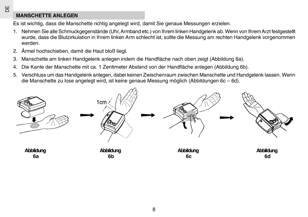 Oregon Scientific BPW120 user manual Manschette Anlegen 