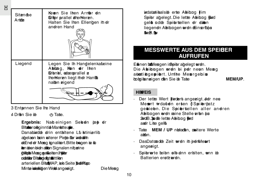 Oregon Scientific BPW120 user manual Messwerte AUS DEM Speicher Aufrufen, Hinweis 