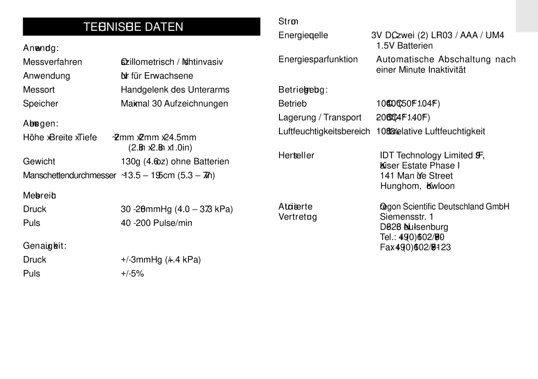 Oregon Scientific BPW120 user manual Technische Daten 