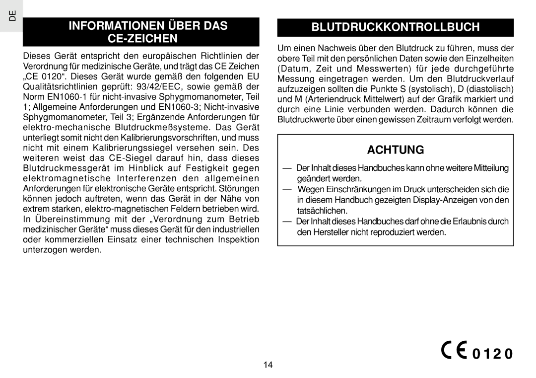 Oregon Scientific BPW120 user manual Informationen Über DAS CE-ZEICHEN, Blutdruckkontrollbuch 