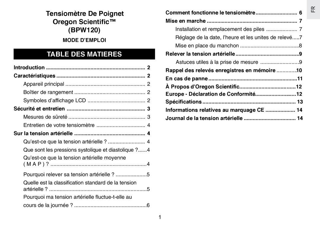 Oregon Scientific BPW120 user manual Table DES Matieres, Mode DʼEMPLOI, Qu’est-ce que la tension artérielle moyenne 