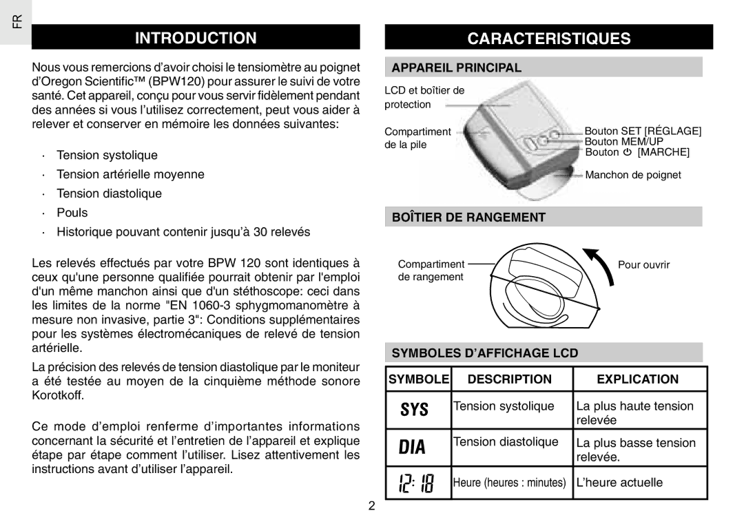 Oregon Scientific BPW120 Introduction Caracteristiques, Appareil Principal, Boîtier DE Rangement, ’heure actuelle 