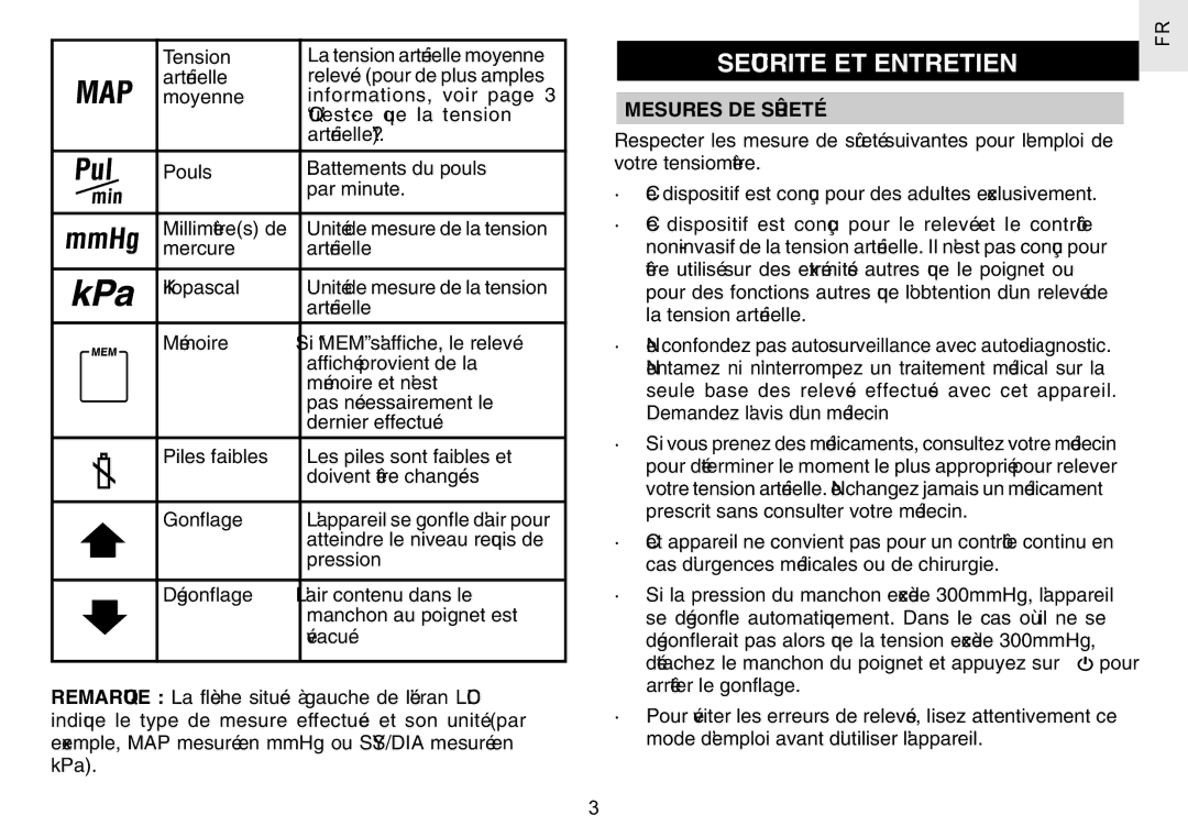 Oregon Scientific BPW120 user manual Securite ET Entretien, Mesures DE Sûreté 