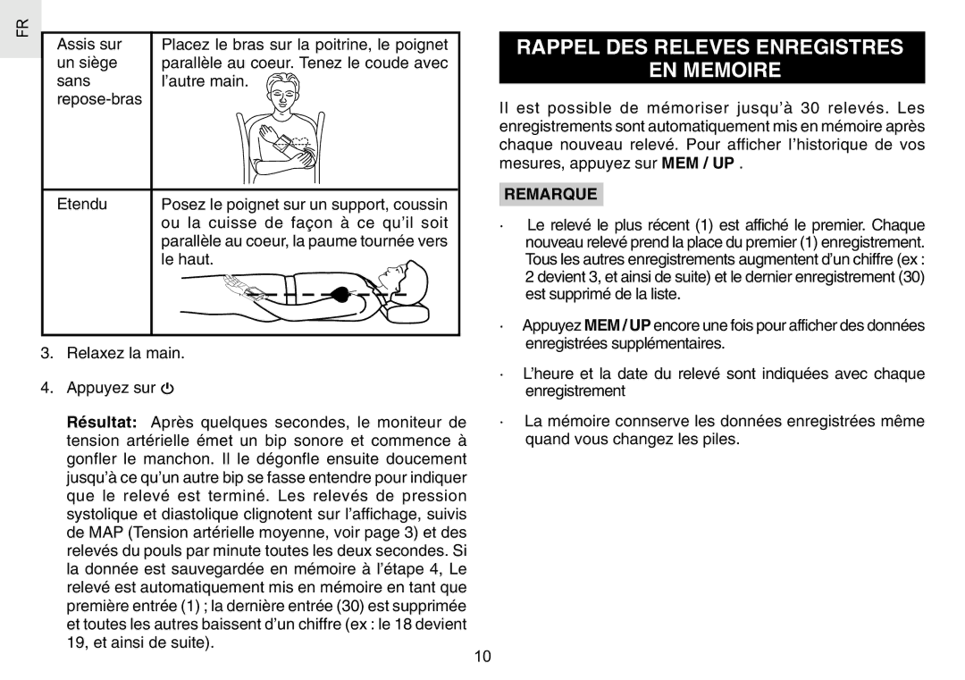 Oregon Scientific BPW120 Rappel DES Releves Enregistres EN Memoire, Ou la cuisse de façon à ce qu’il soit, Le haut 