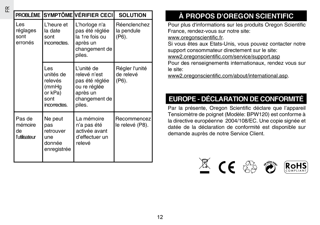 Oregon Scientific BPW120 user manual Propos Doregon Scientific Europe Déclaration DE Conformité 