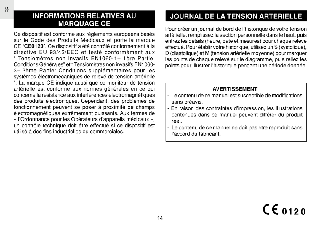 Oregon Scientific BPW120 user manual Informations Relatives AU Marquage CE, Journal DE LA Tension Arterielle, Avertissement 