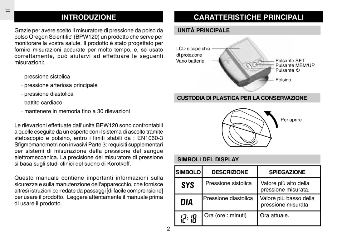 Oregon Scientific BPW120 user manual Introduzione, Caratteristiche Principali, Unità Principale 