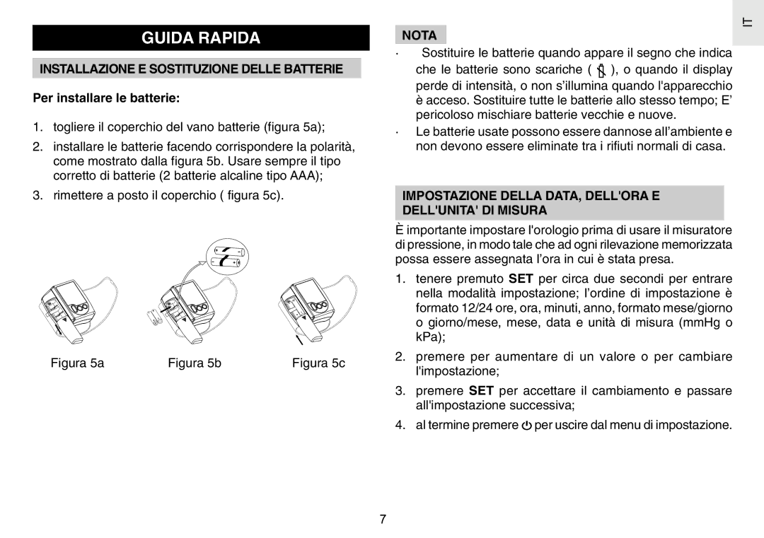 Oregon Scientific BPW120 user manual Guida Rapida, Installazione E Sostituzione Delle Batterie, Per installare le batterie 