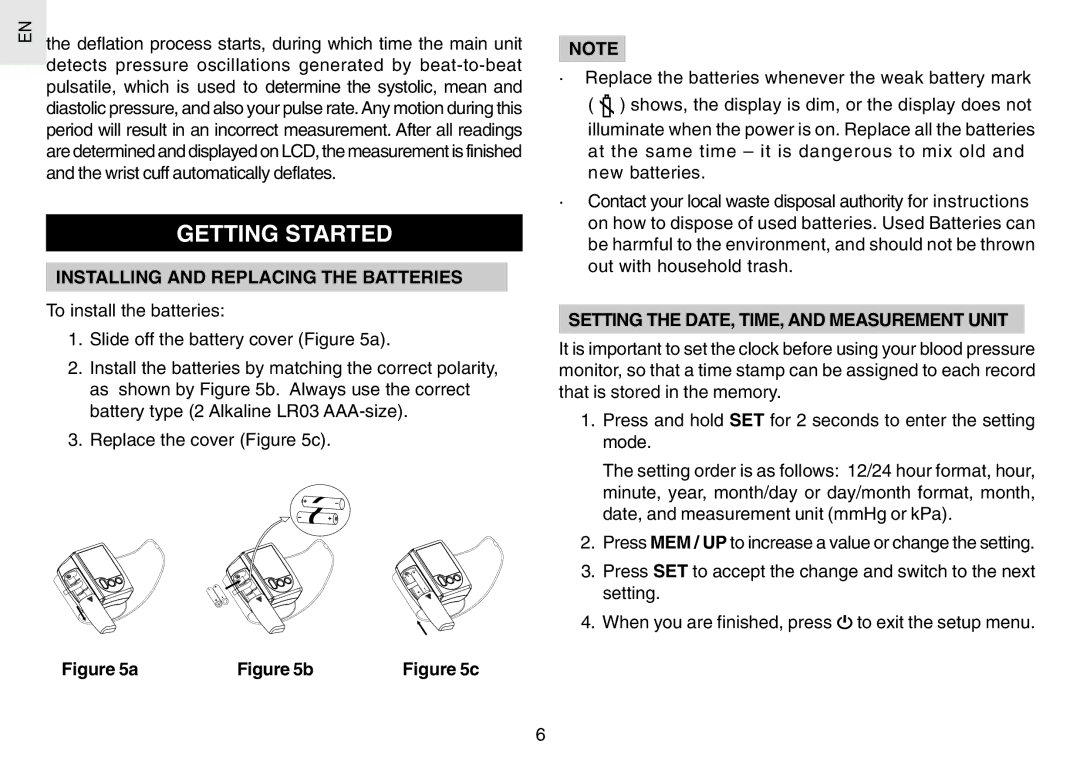 Oregon Scientific BPW120 user manual Getting Started, Installing and Replacing the Batteries 