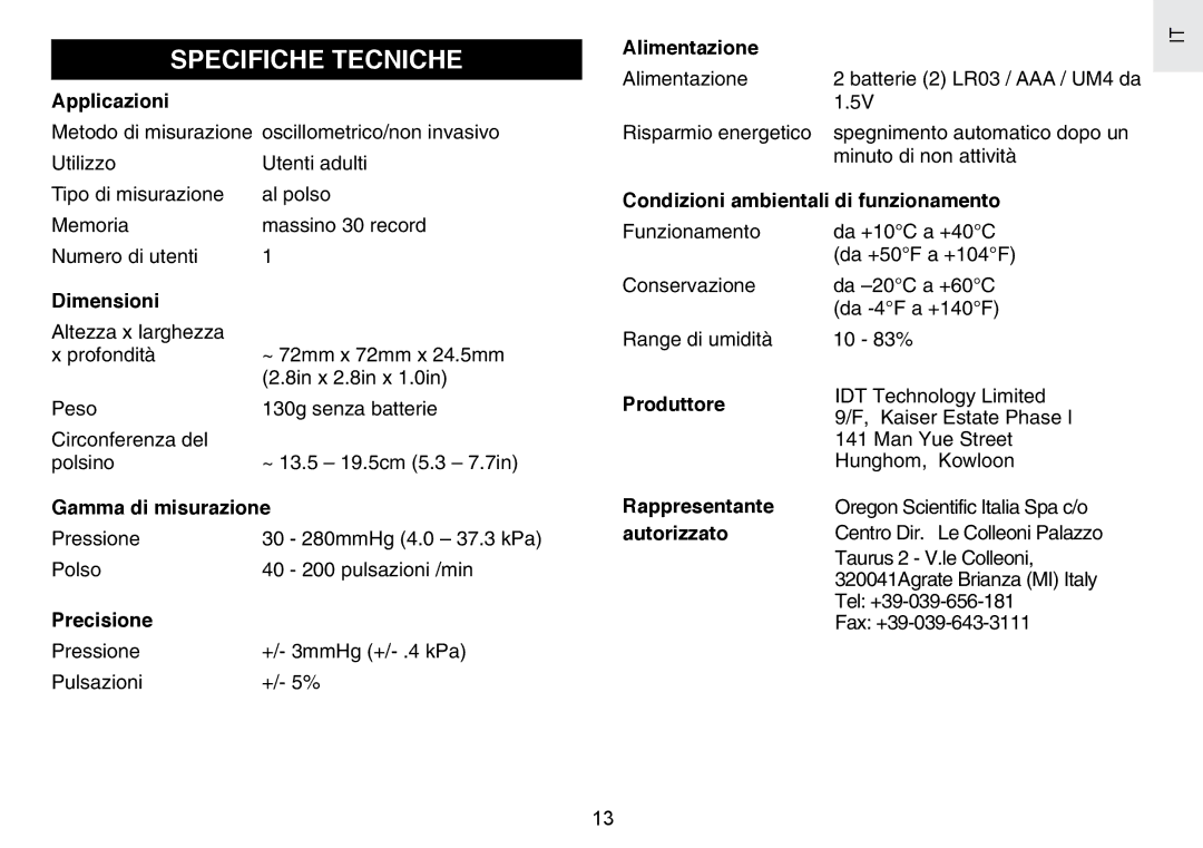 Oregon Scientific BPW120 user manual Specifiche Tecniche 