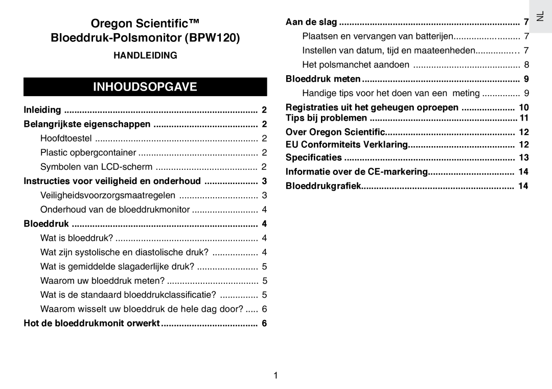 Oregon Scientific BPW120 user manual Inhoudsopgave, Handleiding, Handige tips voor het doen van een meting 