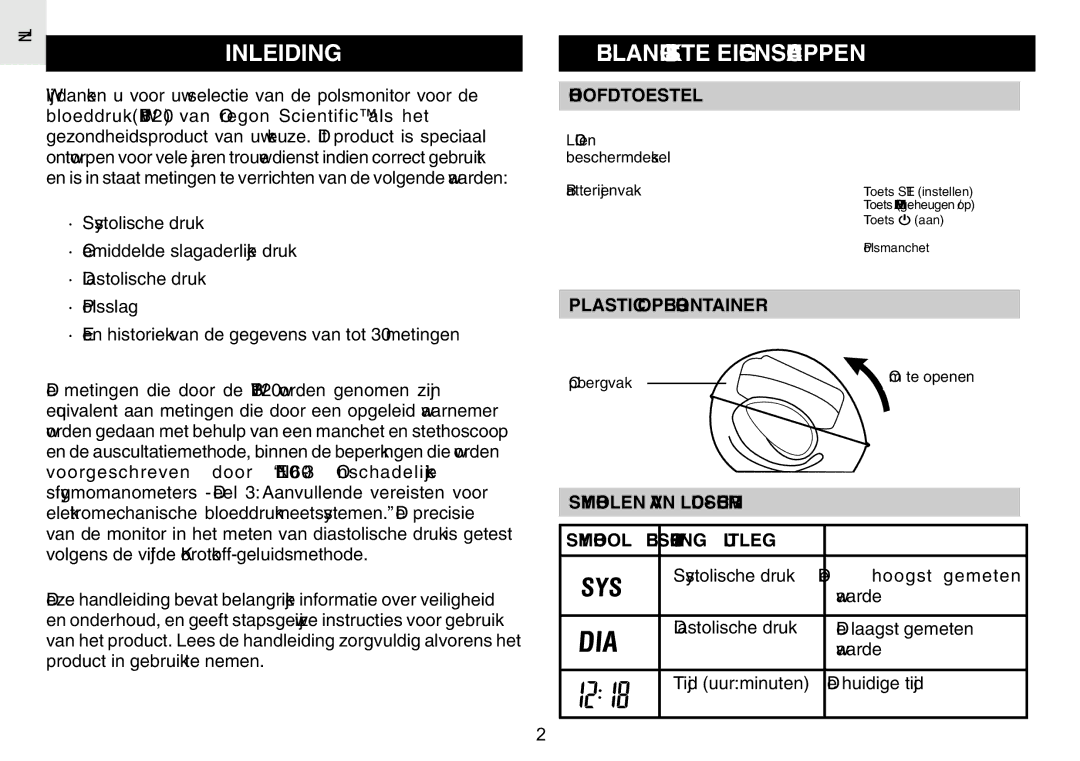 Oregon Scientific BPW120 user manual Inleiding, Belangrijkste Eigenschappen, Hoofdtoestel, Plastic Opbergcontainer 