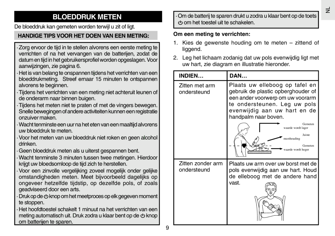 Oregon Scientific BPW120 user manual Bloeddruk Meten, De bloeddruk kan gemeten worden terwijl u zit of ligt, Indien… Dan… 