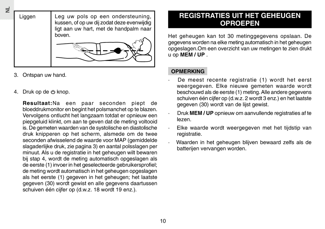 Oregon Scientific BPW120 user manual Registraties UIT HET Geheugen Oproepen, Opmerking 