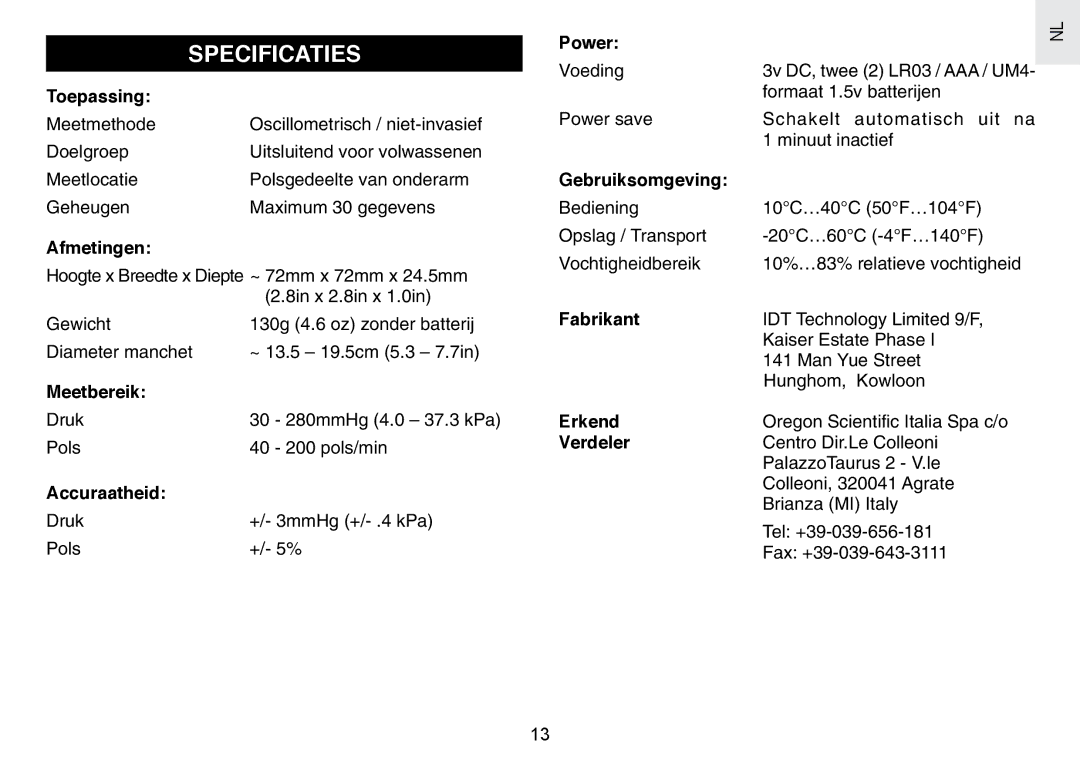 Oregon Scientific BPW120 user manual Specificaties 