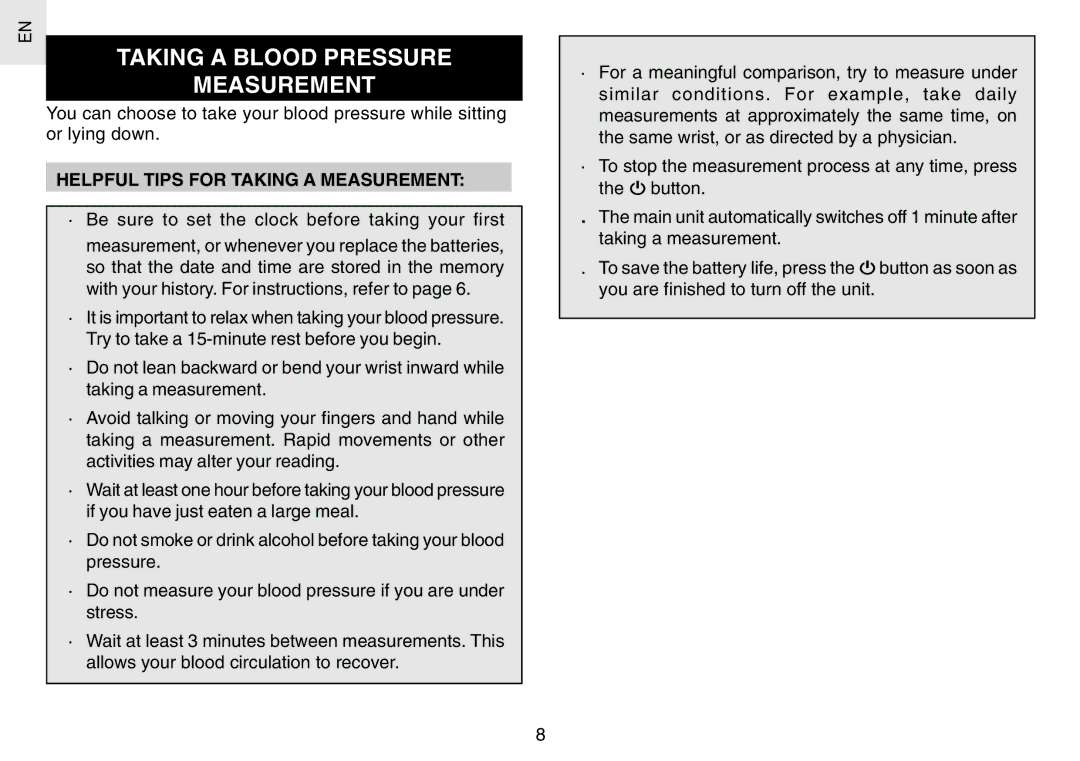 Oregon Scientific BPW120 user manual Taking a Blood Pressure Measurement, Helpful Tips for Taking a Measurement 