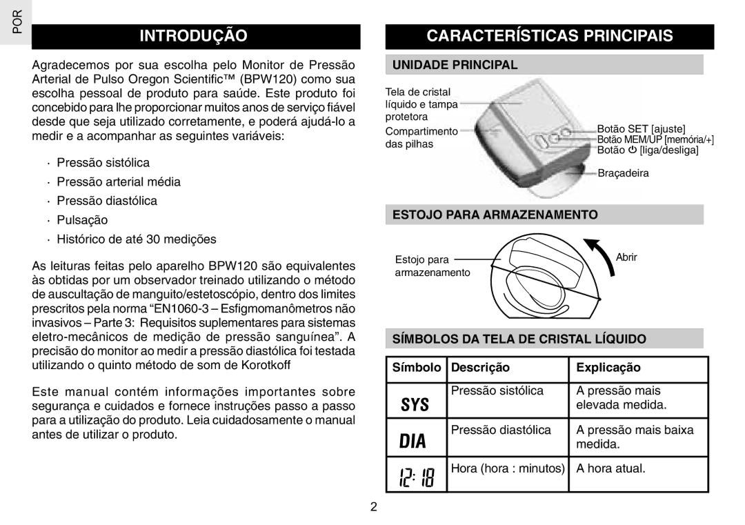 Oregon Scientific BPW120 user manual Introdução Características Principais, Unidade Principal, Estojo Para Armazenamento 