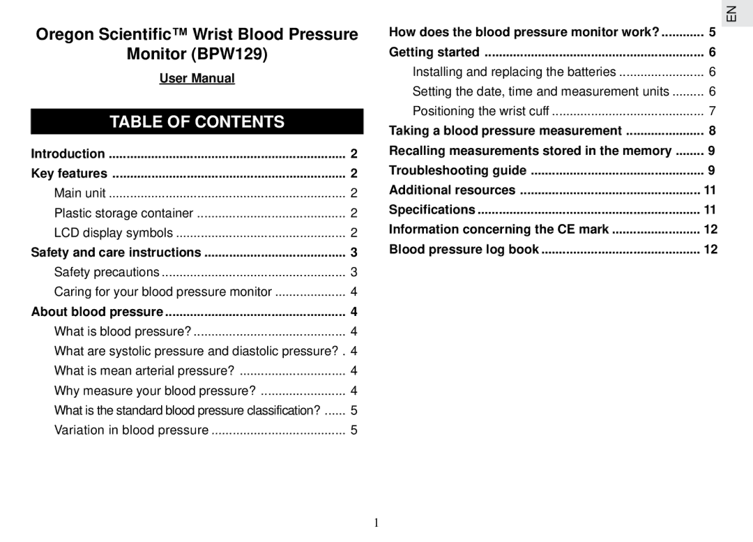 Oregon Scientific BPW129 user manual Table of Contents 