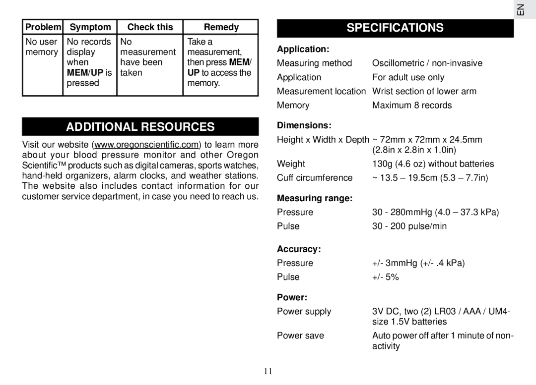 Oregon Scientific BPW129 user manual Additional Resources Specifications 