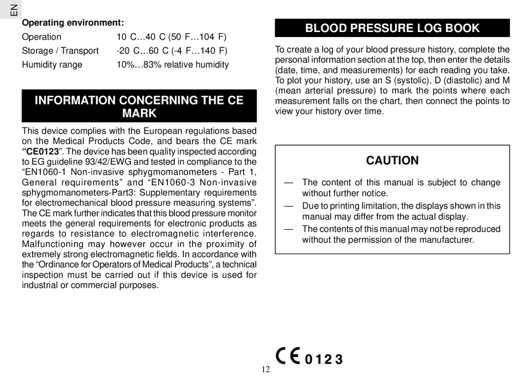 Oregon Scientific BPW129 user manual Information Concerning the CE Mark, Blood Pressure LOG Book, Operating environment 