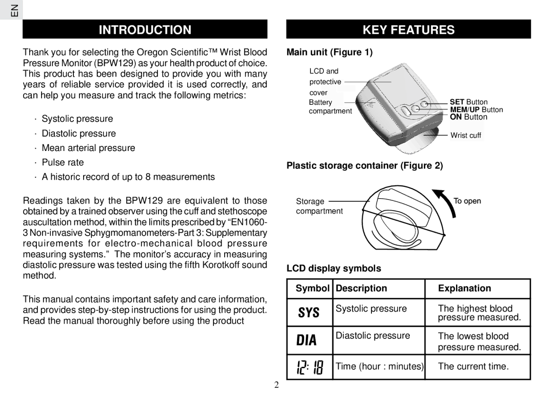 Oregon Scientific BPW129 user manual Introduction KEY Features, Main unit Figure, Plastic storage container Figure 