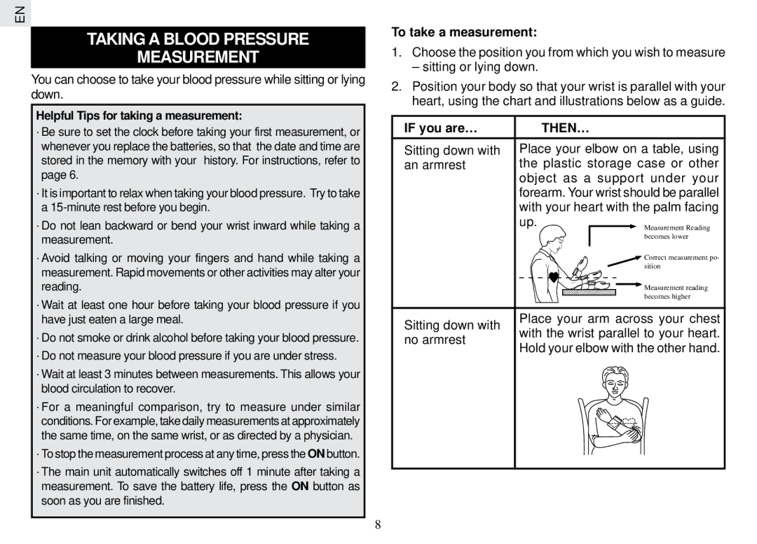 Oregon Scientific BPW129 Taking a Blood Pressure Measurement, Helpful Tips for taking a measurement, To take a measurement 