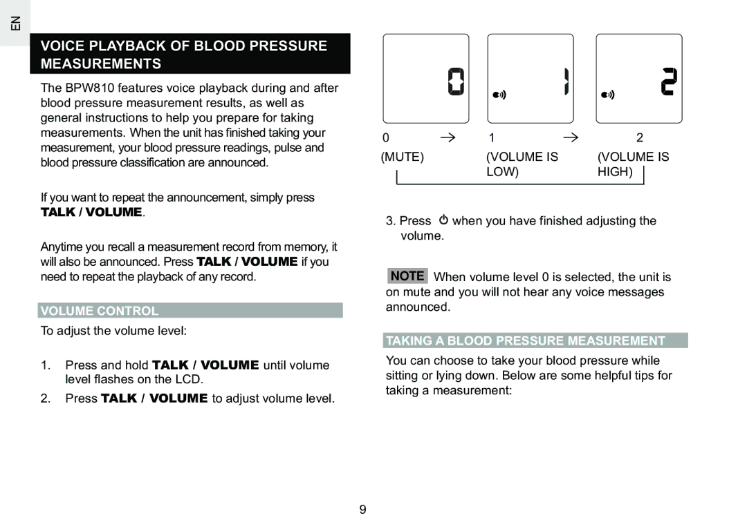 Oregon Scientific BPW810 user manual Voice Playback of Blood Pressure Measurements, Talk / Volume, Volume Control 