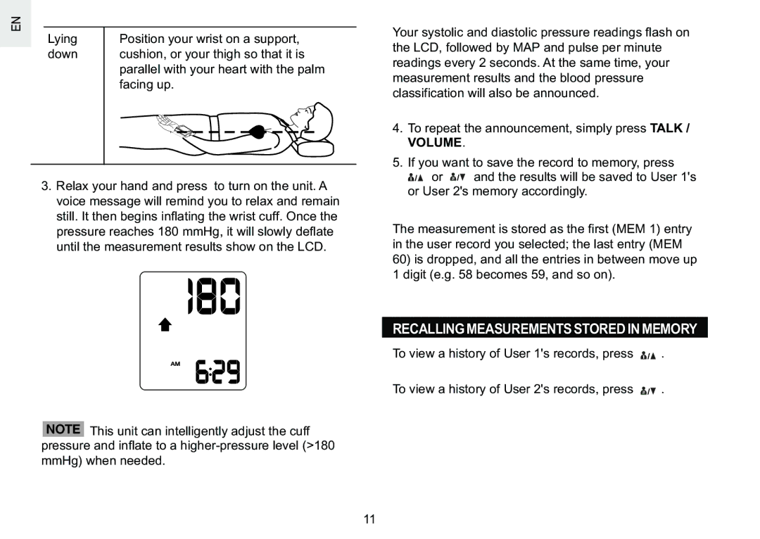 Oregon Scientific BPW810 user manual Recalling Measurements Stored in Memory, Volume 