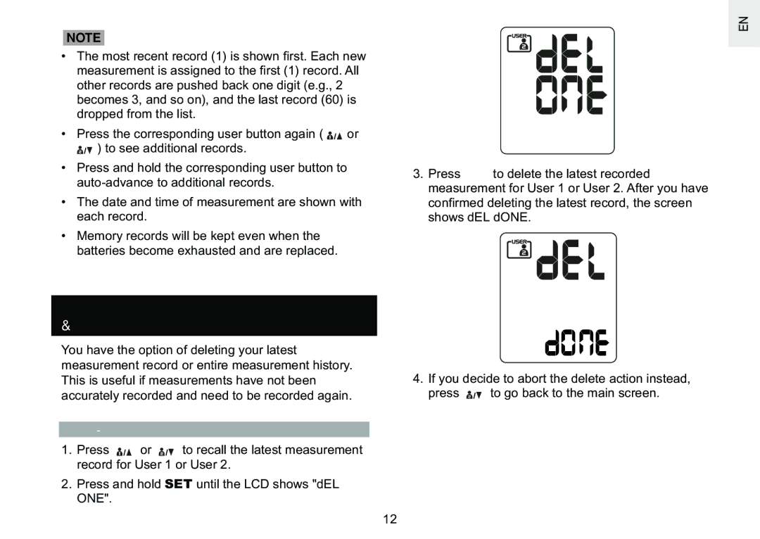 Oregon Scientific BPW810 user manual Deleting a Measurement Record from Memory, Deleting the Latest Record 