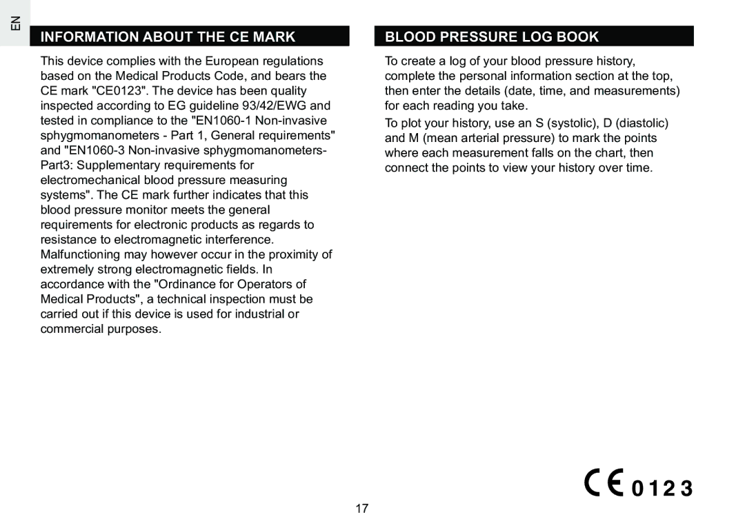 Oregon Scientific BPW810 user manual Information about the CE Mark, Blood Pressure LOG Book 