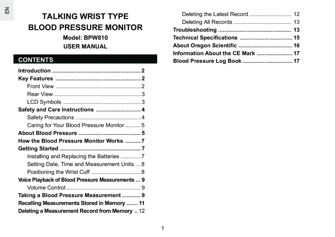 Oregon Scientific BPW810 user manual Talking Wrist Type Blood Pressure Monitor, Contents 