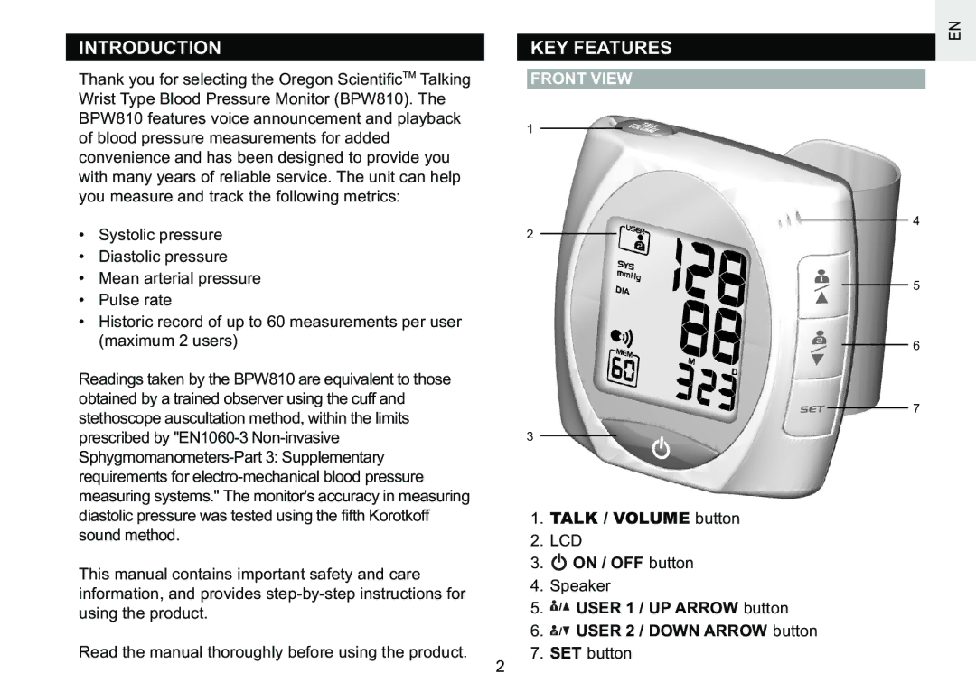 Oregon Scientific BPW810 user manual Introduction, KEY Features, Front View 