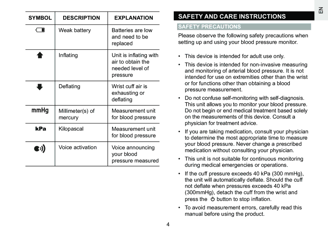 Oregon Scientific BPW810 user manual Safety and Care Instructions, KPa, Safety Precautions 