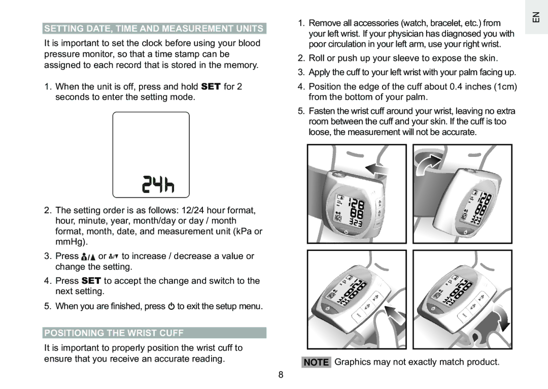 Oregon Scientific BPW810 user manual Setting DATE, Time and Measurement Units, Positioning the Wrist Cuff 