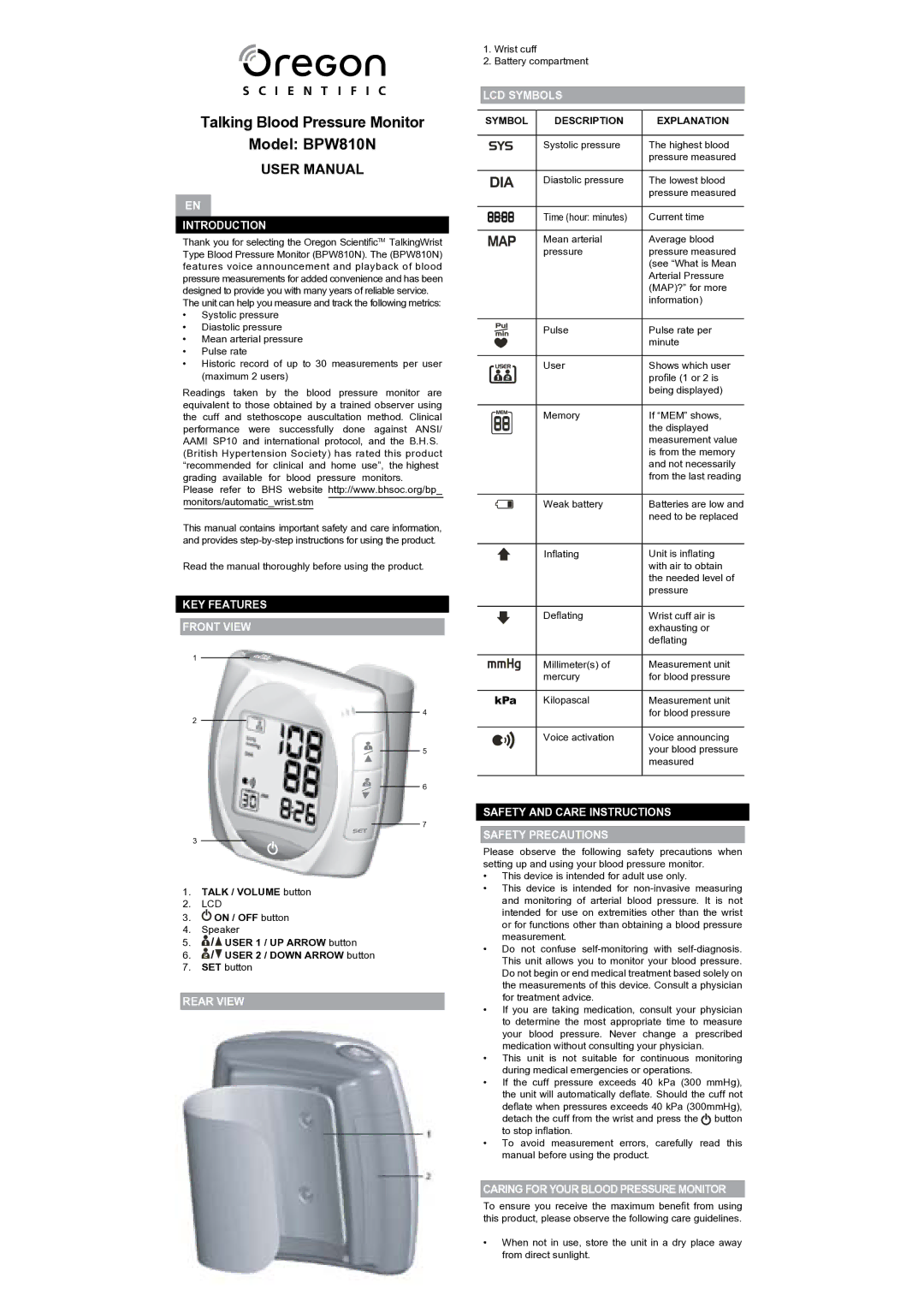 Oregon Scientific BPW810N user manual Introduction, KEY Features Front View, LCD Symbols 