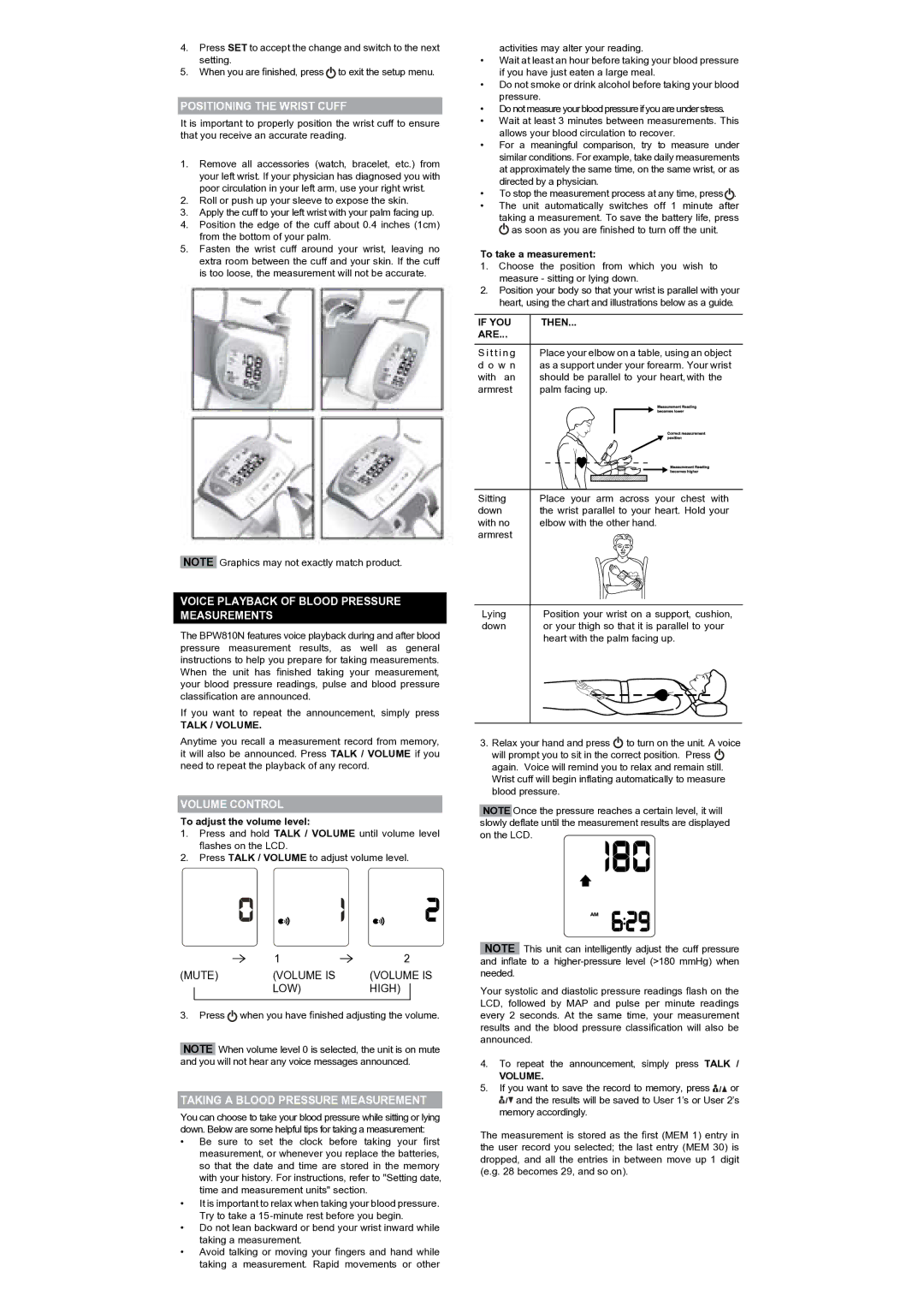 Oregon Scientific BPW810N Positioning the Wrist Cuff, Voice Playback of Blood Pressure Measurements, Volume Control 