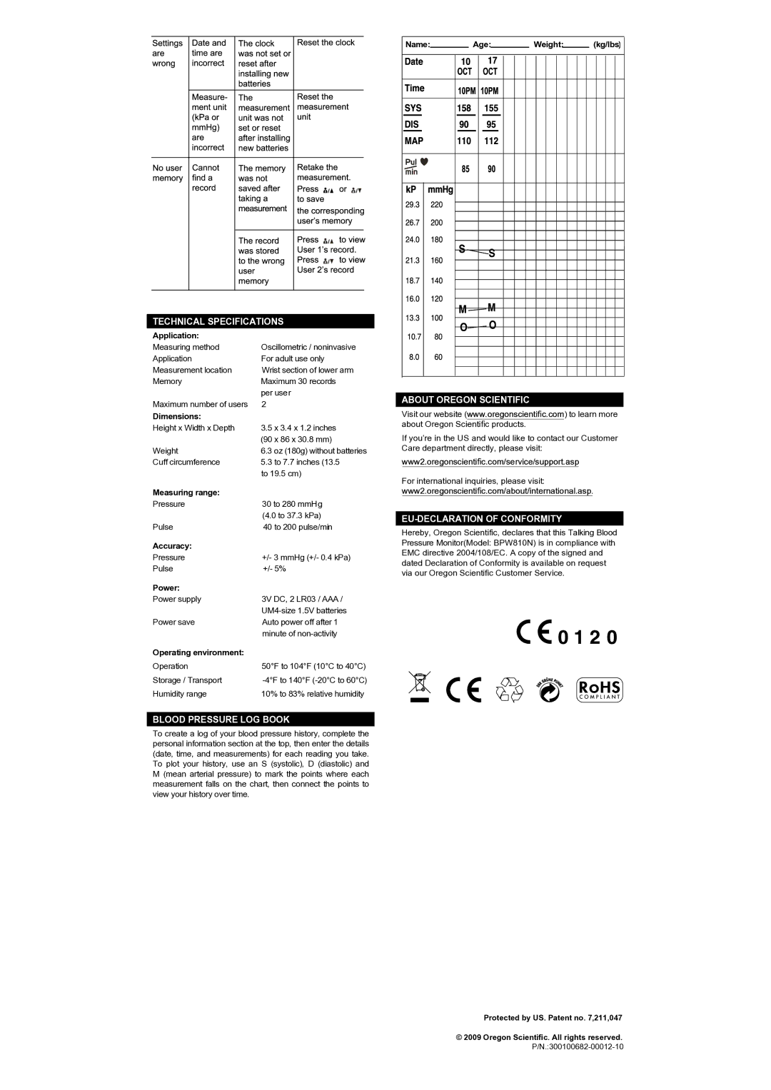 Oregon Scientific BPW810N user manual Technical Specifications, Blood Pressure LOG Book, About Oregon Scientific 