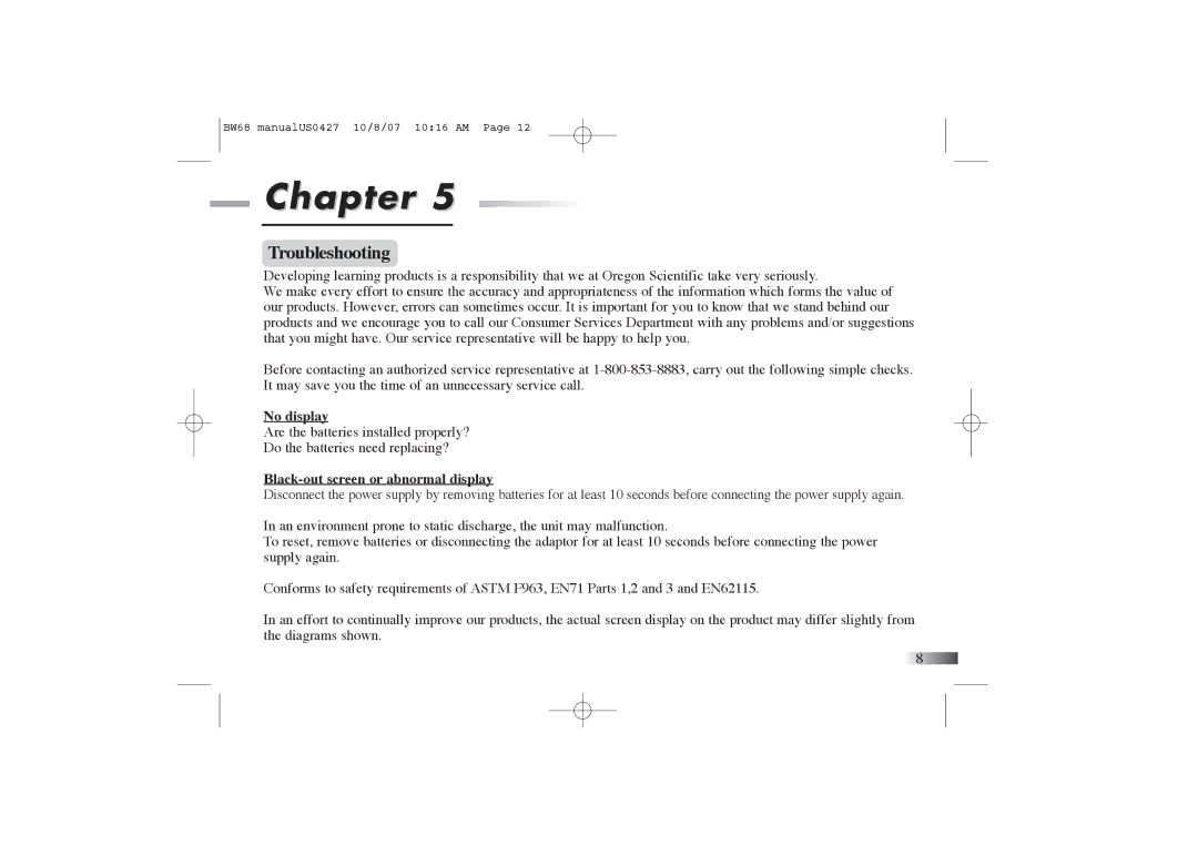 Oregon Scientific BW68 manual Troubleshooting, No display, Black-out screen or abnormal display 