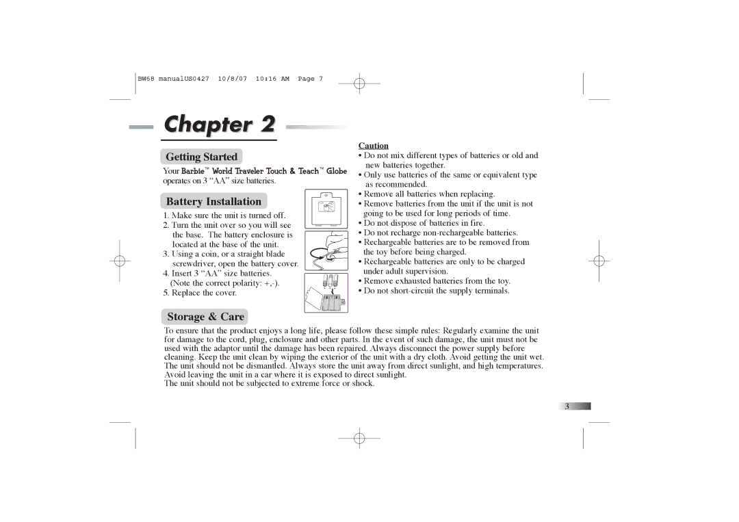 Oregon Scientific BW68 manual Getting Started, Battery Installation, Storage & Care 