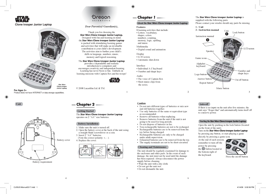 Oregon Scientific Clone Trooper Junior Laptop instruction manual For Ages 3+, Star Wars Clone trooper Junior Laptop 