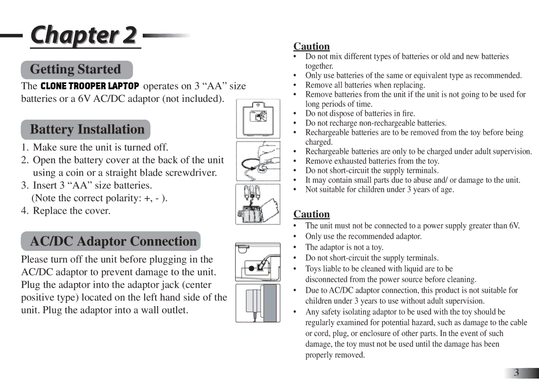 Oregon Scientific Clone Trooper Laptop manual Getting Started, Battery Installation, AC/DC Adaptor Connection 