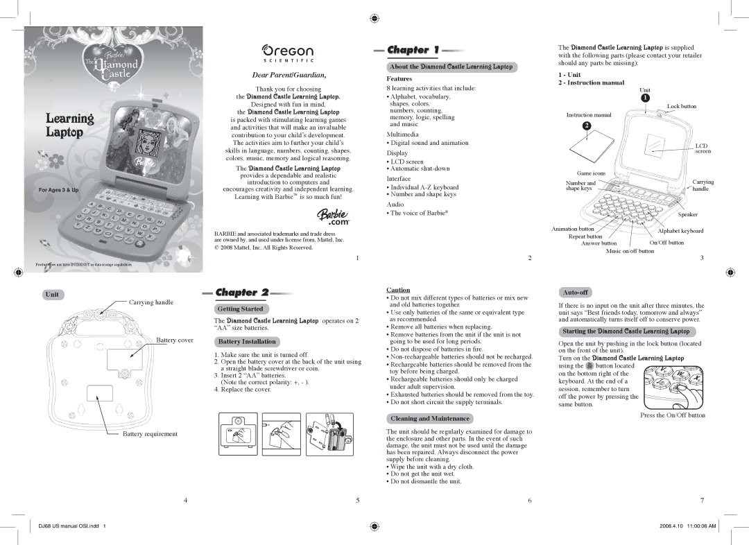 Oregon Scientific DJ68 instruction manual Features, Unit, Getting Started, Battery Installation, Cleaning and Maintenance 