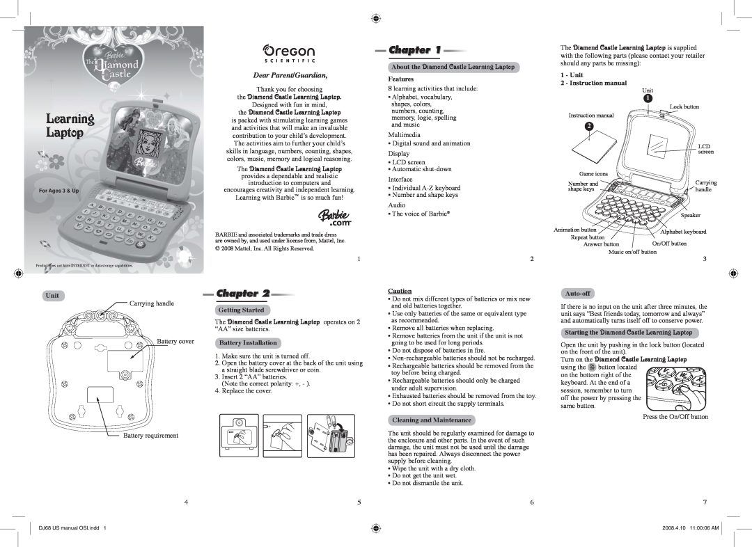 Oregon Scientific DJ68 instruction manual Chapter, Learning Laptop, Dear Parent/Guardian 